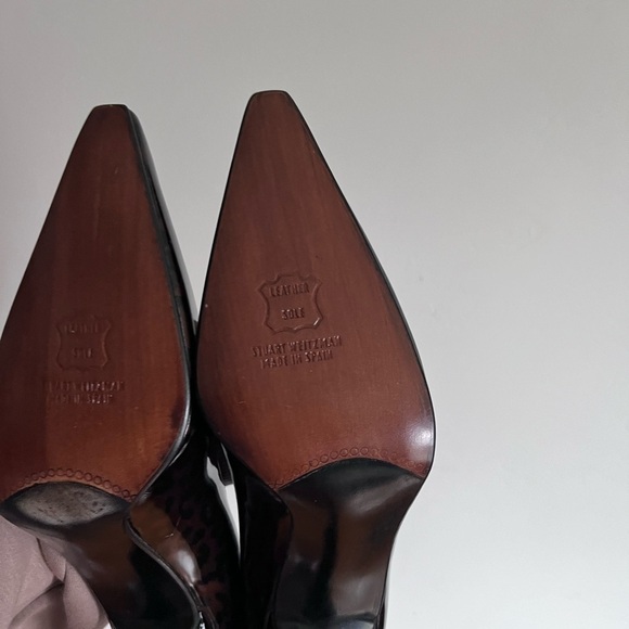 Stuart Weitzman Leopard Patent Leather Stiletto Pointy Toe Pumps - Picture 9 of 14